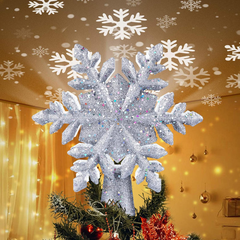 Christmas Tree Topper Lighted with Built in LED Rotating Snowflake Projector Lights 9.6 Hollowed Tree Topper with Silver Spangles Plug in for Indoor